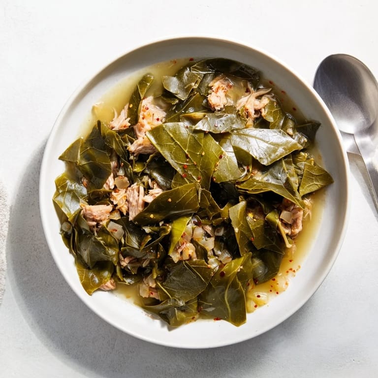 Bright, flavorful Southern style collard greens served alongside cornbread; a true comfort meal.
