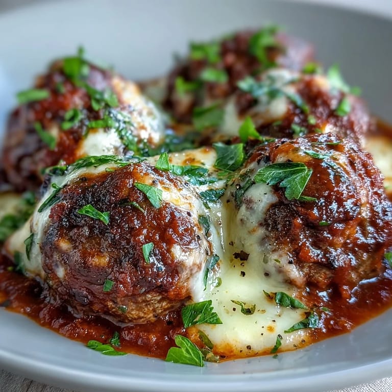Bubbling skillet of Cheesy, Garlicky Meatballs With Marinara in a rich red sauce, topped with Parmesan.
