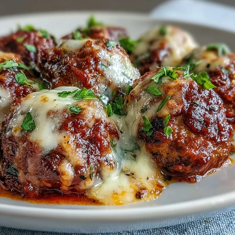 Baked Cheesy, Garlicky Meatballs With Marinara on a rustic board with garlic bread and fresh basil.