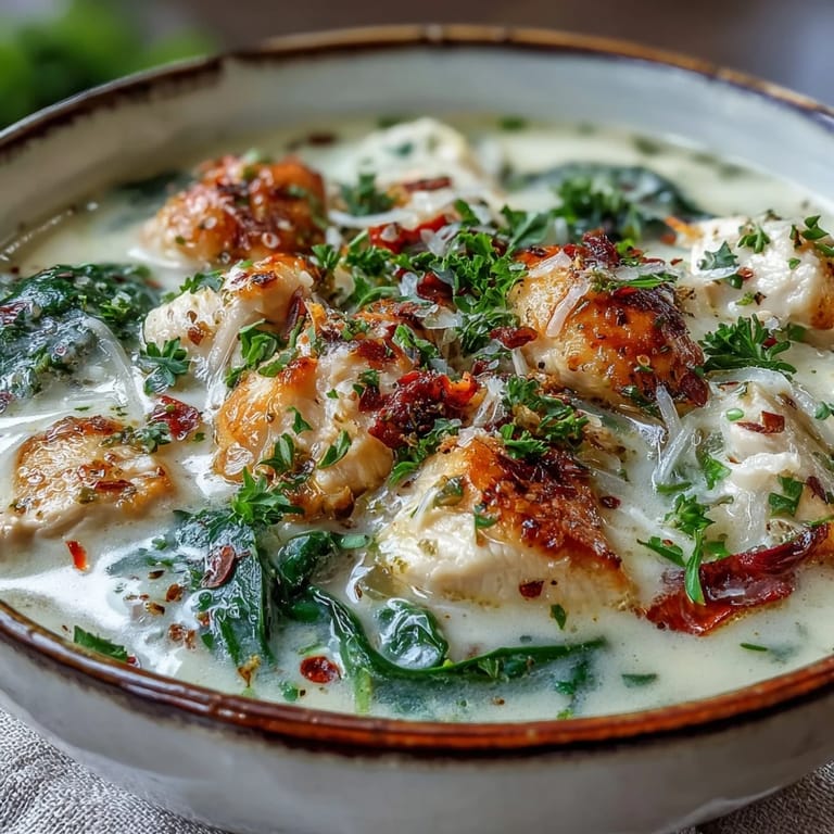 A comforting bowl of garlic paresan chicken soup, topped with extra cheese and served beside crusty artisan bread.