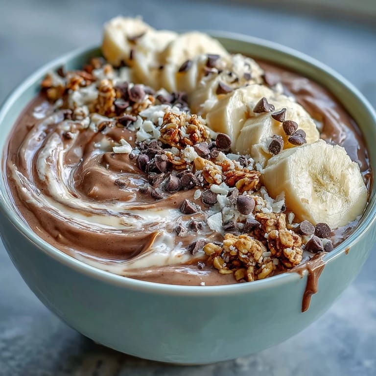 A vibrant Chunky Monkey Smoothie Bowls bowl drizzled with peanut butter and sprinkled with hemp seeds.