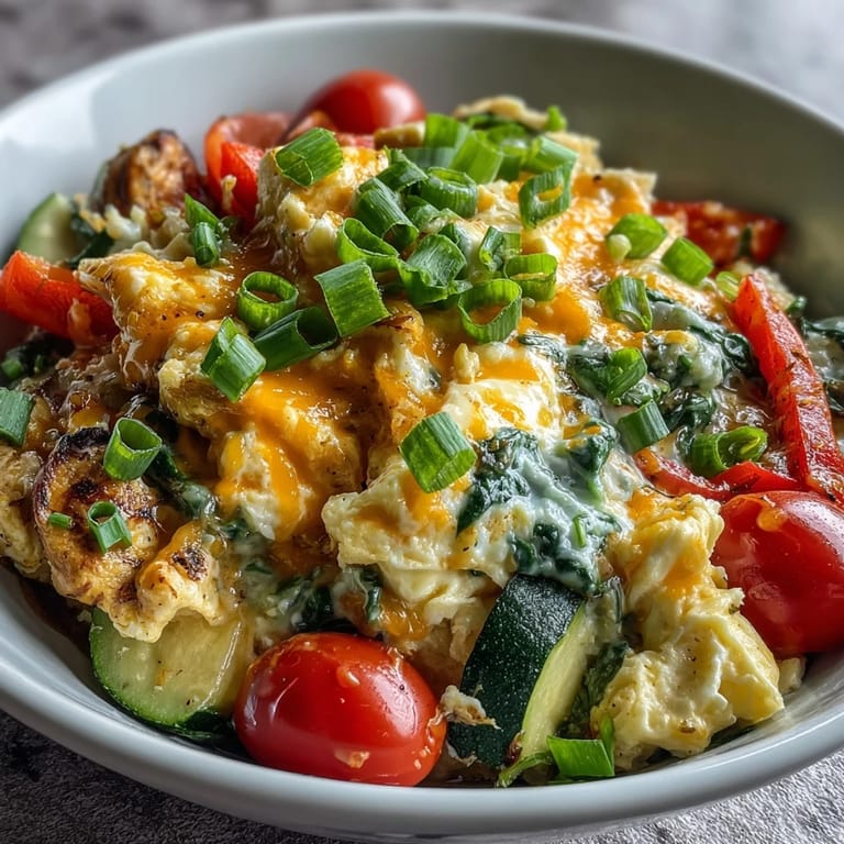 Warm breakfast bowl with soft scrambled eggs, colorful peppers, zucchini, spinach, and melted cheddar cheese for a comforting morning meal.