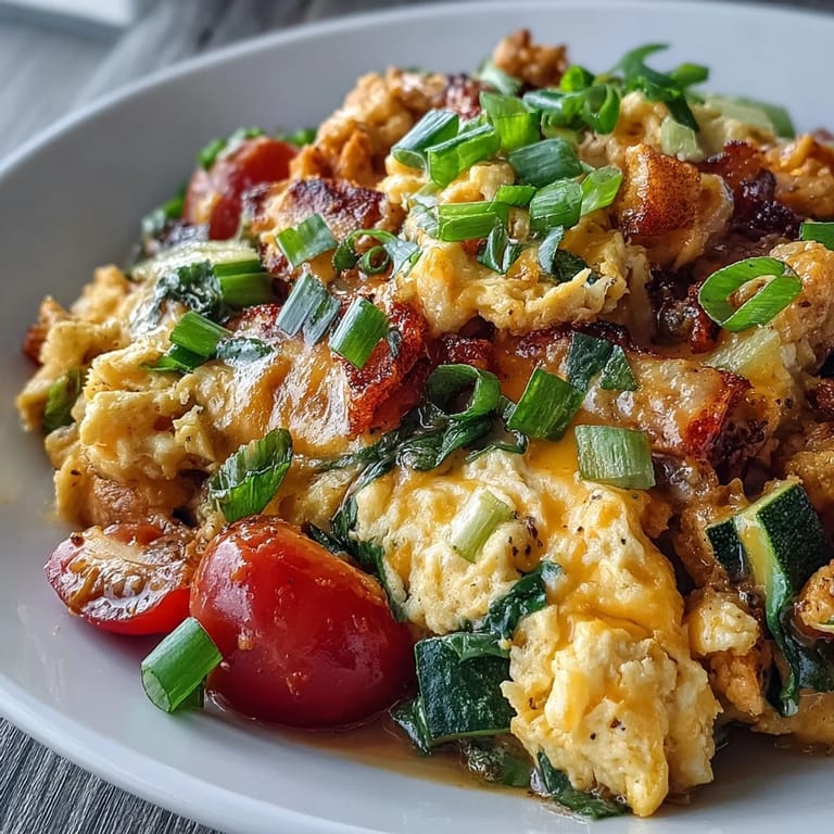Healthy vegetarian Scrambled Egg and Veggie Bowl with creamy eggs, seasonal veggies, and gooey cheese, perfect for a nourishing American breakfast.