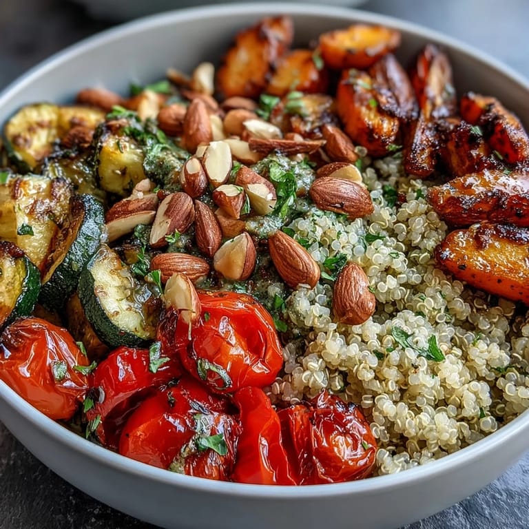 Hearty Veggie and Quinoa Power Bowl served warm with chickpeas, almonds, and a bright lemon dressing drizzle.