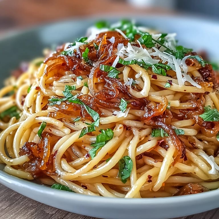 In a white bowl, Caramelized Onion Pasta with Chili Oil steams, topped with fresh basil, shaved Parmesan, and a sprinkle of red pepper flakes.