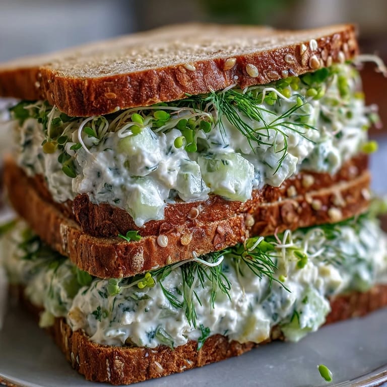 Easy Cucumber Salad Sandwiches layered with alfalfa sprouts and red onion for crisp, fresh flavor.