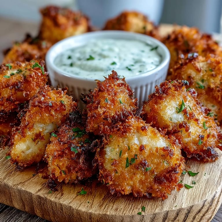 Freshly baked Asiago Panko Chicken Bites served over a vibrant salad with creamy dressing.