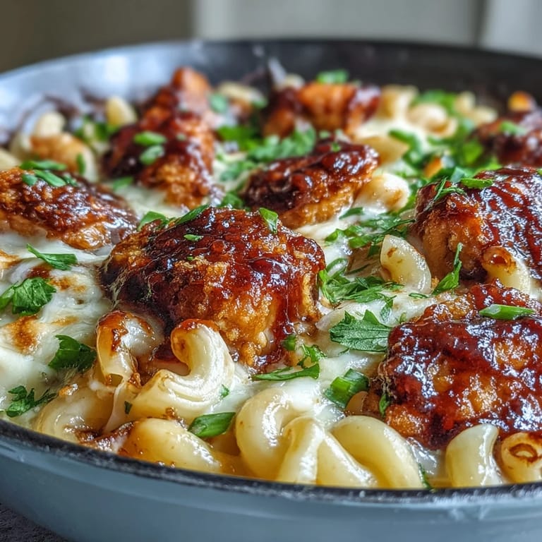 Sticky Honey BBQ Chicken Pasta Skillet steams beside a cold beverage and a side salad, a cozy weeknight dinner served straight from the skillet.