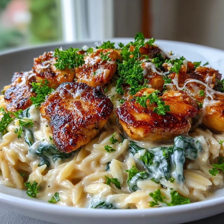 Steaming One-Pot Creamy Garlic Parmesan Chicken Orzo served hot in a skillet, ready to enjoy with a simple salad.
