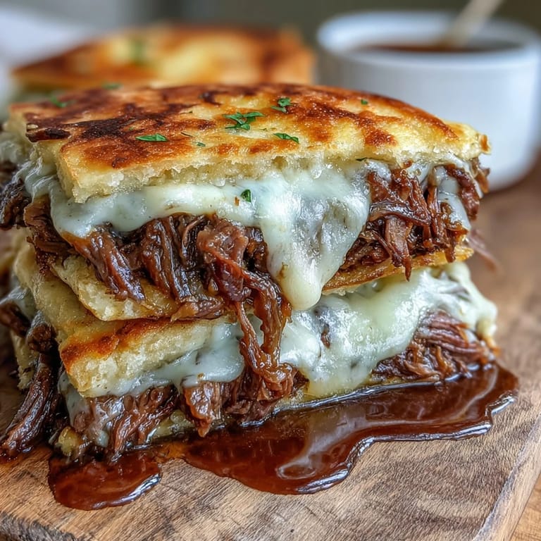 Golden, melty mozzarella blankets tender pot roast inside soft garlic naan, creating a comforting fusion melt perfect for a family dinner.
