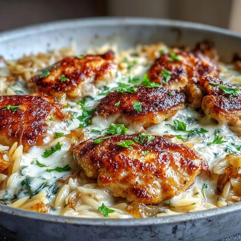 Tender orzo simmers with savory chicken and garlic in a creamy Parmesan sauce in a single skillet.