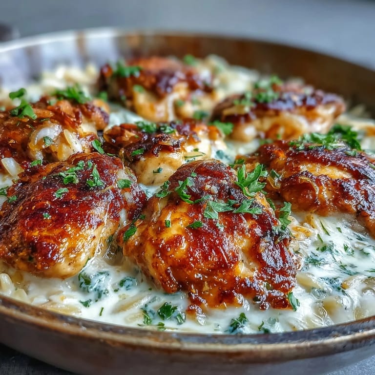 A close-up of creamy One-Pot Garlic Parmesan Chicken Orzo served hot, garnished with parsley and extra cheese.