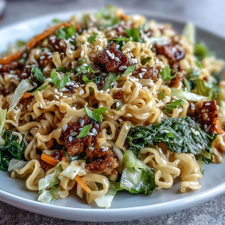 A close-up of Creamy Potsticker Noodle Stir-Fry featuring crunchy coleslaw mix and fresh green onions on a rustic table.
