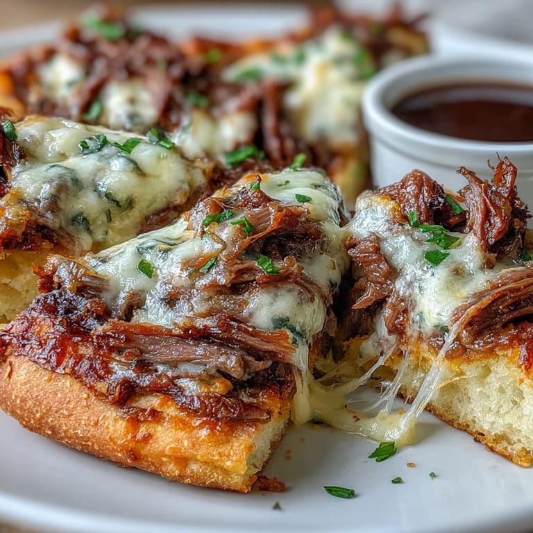 A close-up of a cheesy beef melt on garlic naan, dipped into a small bowl of savory au jus.