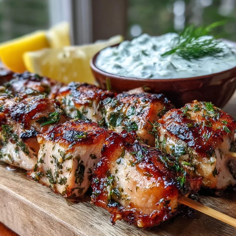 Colorful grilled Light Lemon Herb Chicken Skewers with Tzatziki on a white plate, garnished with chopped herbs, ready for a healthy summer dinner.