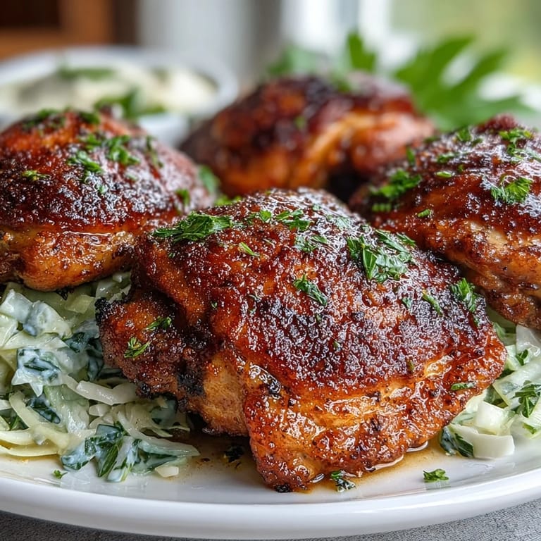 Juicy Keto Crispy Chicken Thighs baked to perfection served alongside a zesty lemon butter cabbage slaw on a white plate.