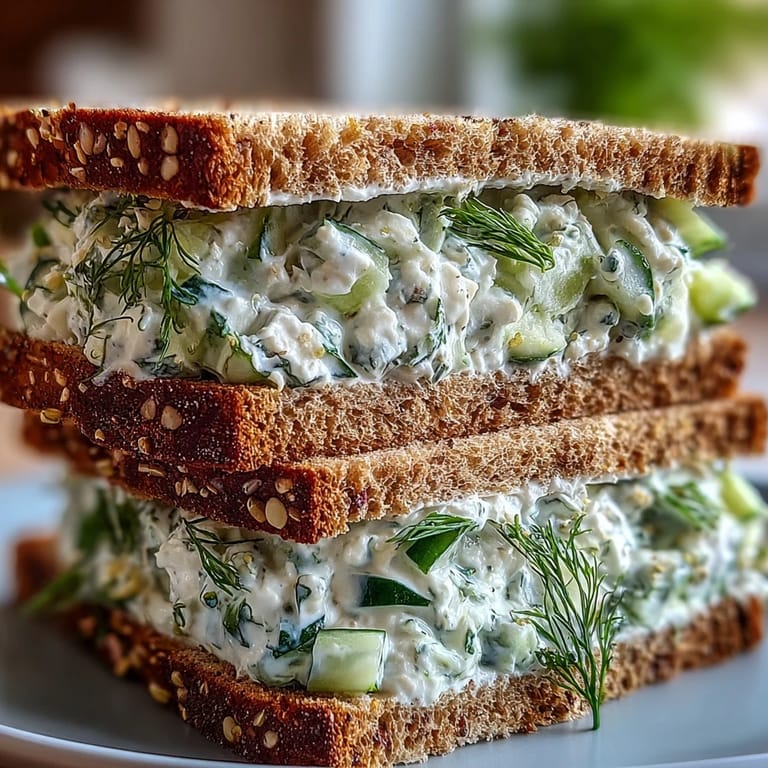 Easy Cucumber Salad Sandwiches layered with alfalfa sprouts and red onion for crisp, fresh flavor.