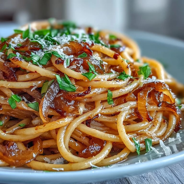In a white bowl, Caramelized Onion Pasta with Chili Oil steams, topped with fresh basil, shaved Parmesan, and a sprinkle of red pepper flakes.