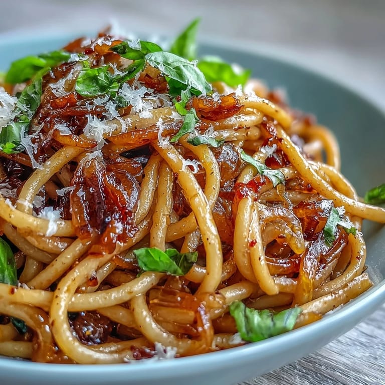 Close-up of Caramelized Onion Pasta with Chili Oil in a skillet, featuring deep brown onions and a glossy, spicy oil coating every noodle.