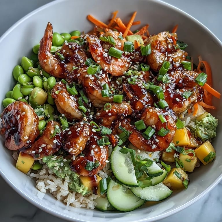 Vibrant 20-minute poke bowl featuring succulent shrimp, sweet mango, crisp cucumber, and edamame over brown rice, topped with zesty poke sauce.