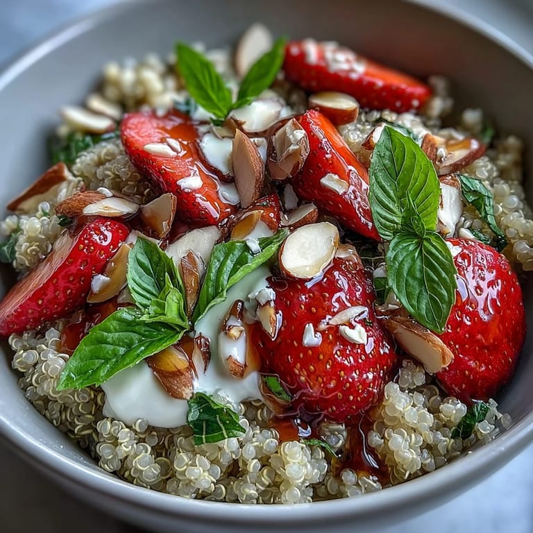 Vibrant vegan breakfast quinoa bowl featuring ripe strawberries, sliced basil, and a touch of black pepper, finished with a sweet honey drizzle.