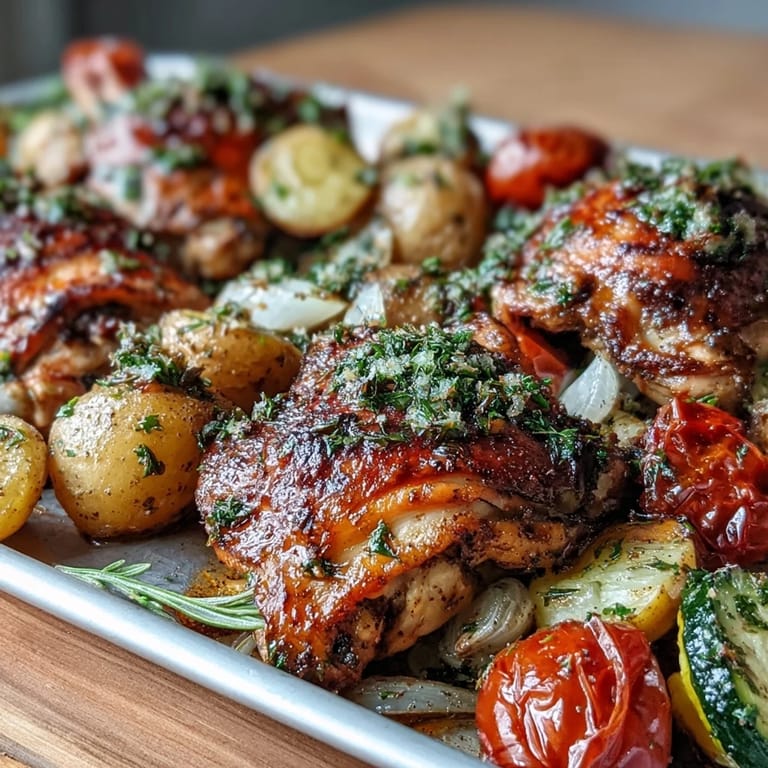 Juicy chicken thighs, tender zucchini, and golden potatoes baked with fresh herbs and lemon.  
