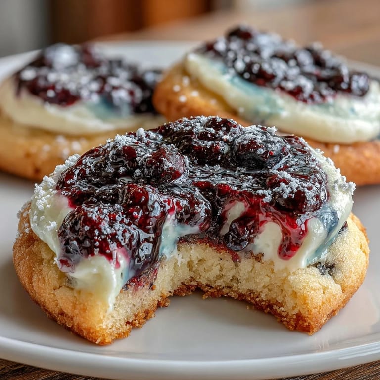 Swirled blueberry cheesecake cookies with marbled filling, offering a burst of fruity flavor in every bite.