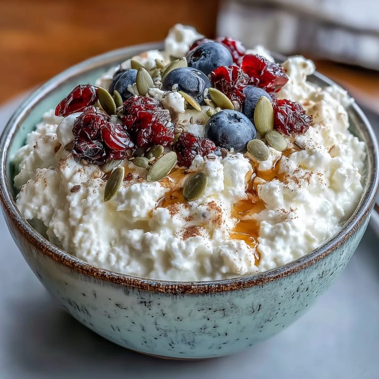Protein-packed cottage cheese bowl with a colorful mix of berries and a crunchy seed medley, drizzled with honey for sweetness.  