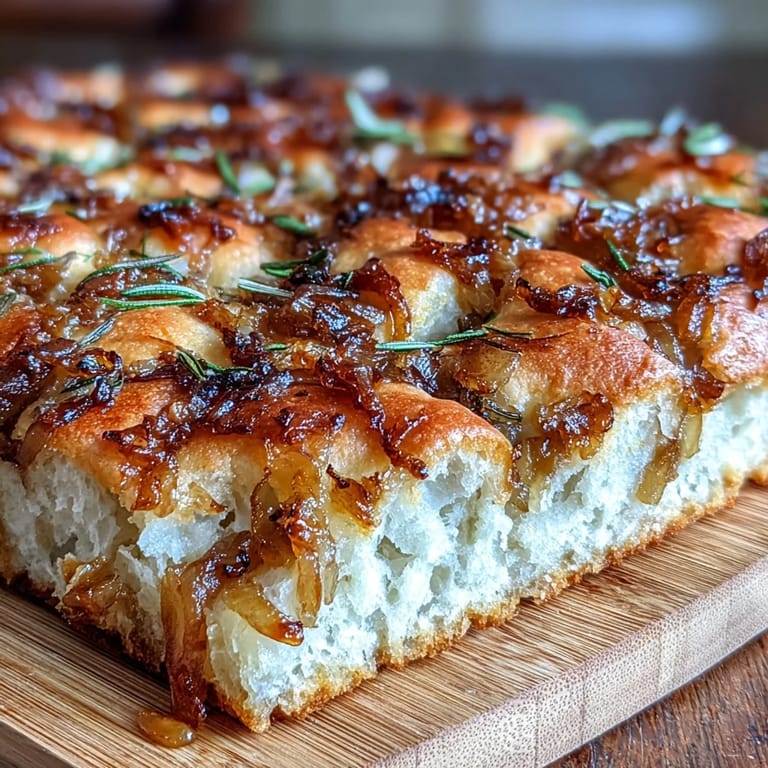 Chewy sourdough focaccia topped with sweet, golden caramelized onions and fragrant rosemary.
