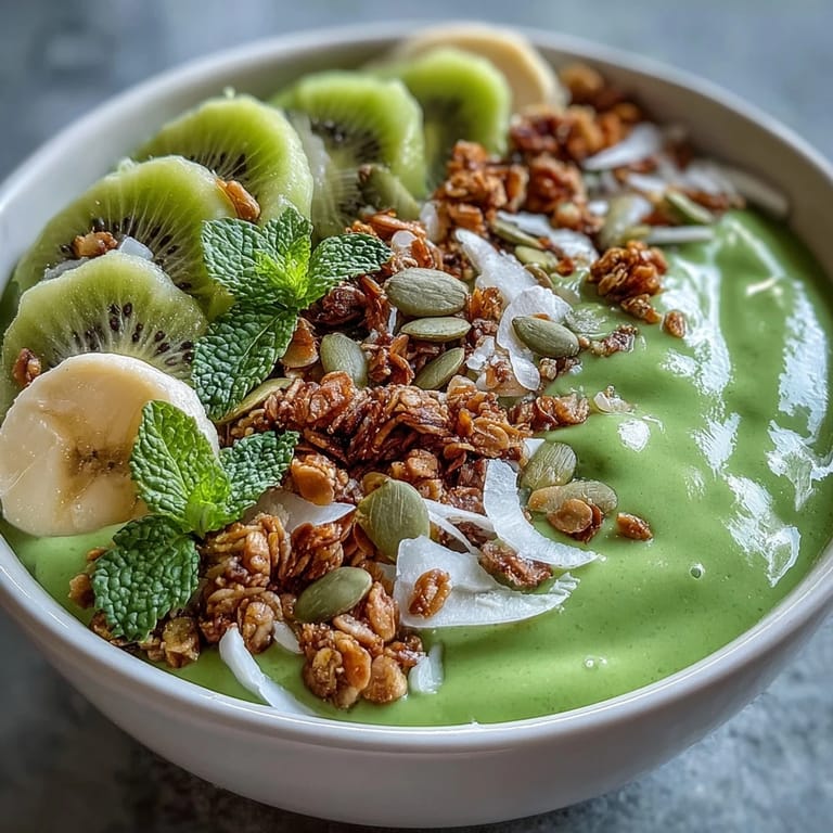 Creamy Shamrock Green Smoothie Bowl with Kiwi and Spinach, featuring a thick, nutrient-packed base and crunchy toppings like coconut and pumpkin seeds.  