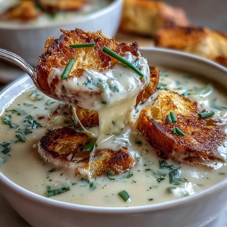 Velvety leek and potato soup with tender vegetables, finished with crunchy sourdough croutons and a swirl of cream.