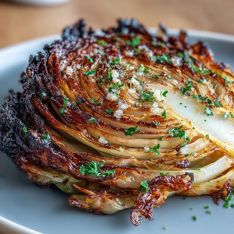 Thick cabbage rounds air-fried to crunchy perfection, drizzled with rich garlic butter.  