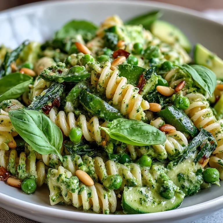 Creamy green goddess pasta salad with peas, herbs, and avocado, tossed in a vibrant homemade dressing, served in a clear glass bowl with a sprinkle of pine nuts for crunch.