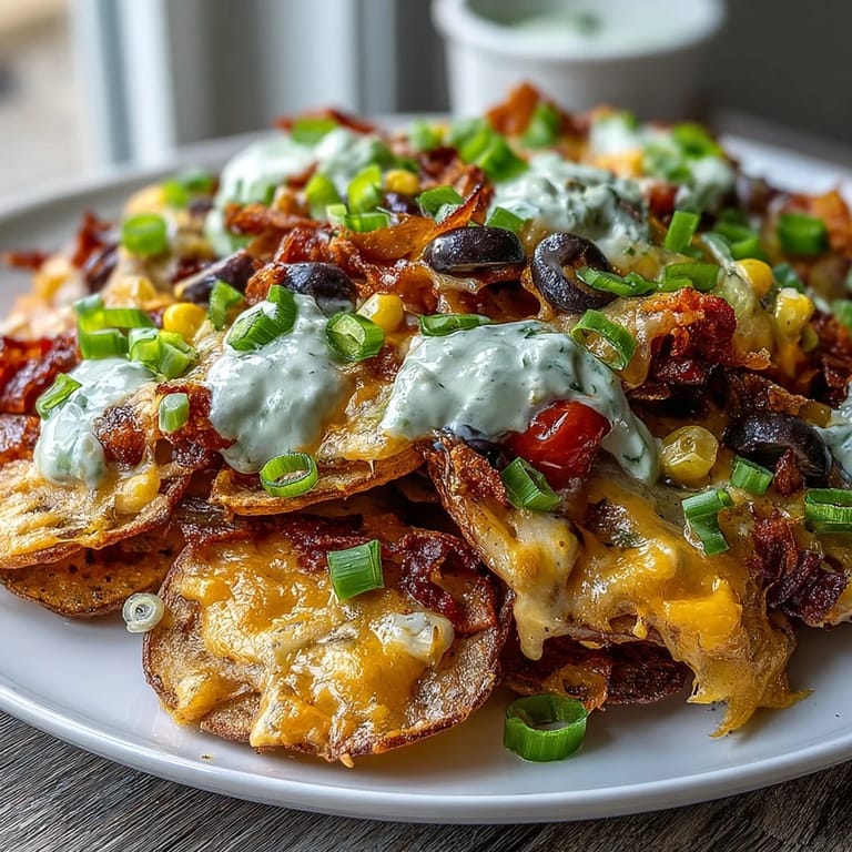 A healthy, vegetarian take on Irish nachos featuring rainbow bell peppers, black olives, and cherry tomatoes, drizzled with creamy ranch dressing.