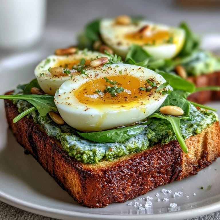 Nutrient-rich spinach pesto on toasted sourdough, topped with a perfectly cooked soft-boiled egg, garnished with chili flakes and microgreens.