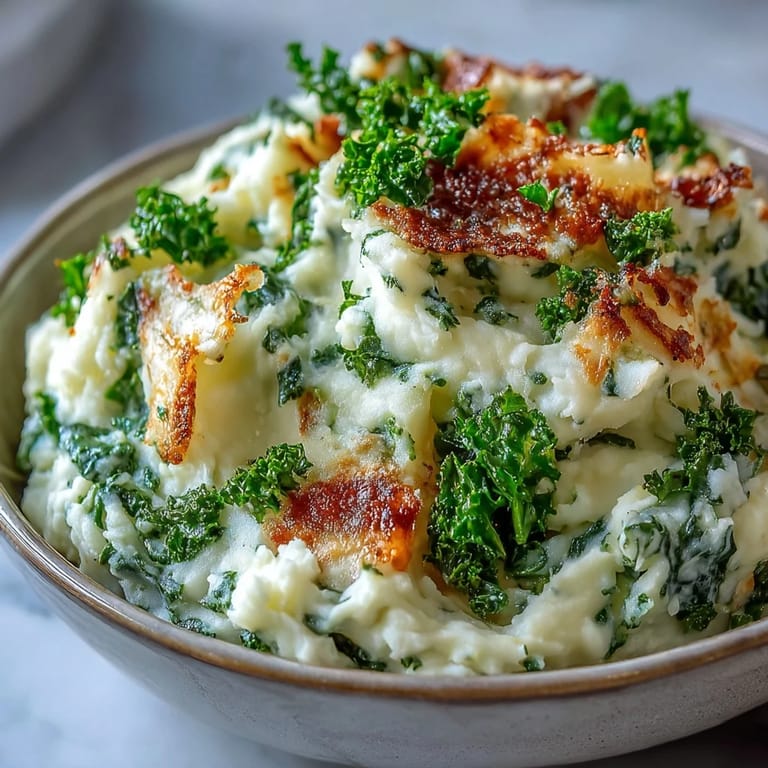 Golden mashed potatoes mixed with sautéed leeks, served with oven-crisped kale for a vibrant Irish-inspired side dish.