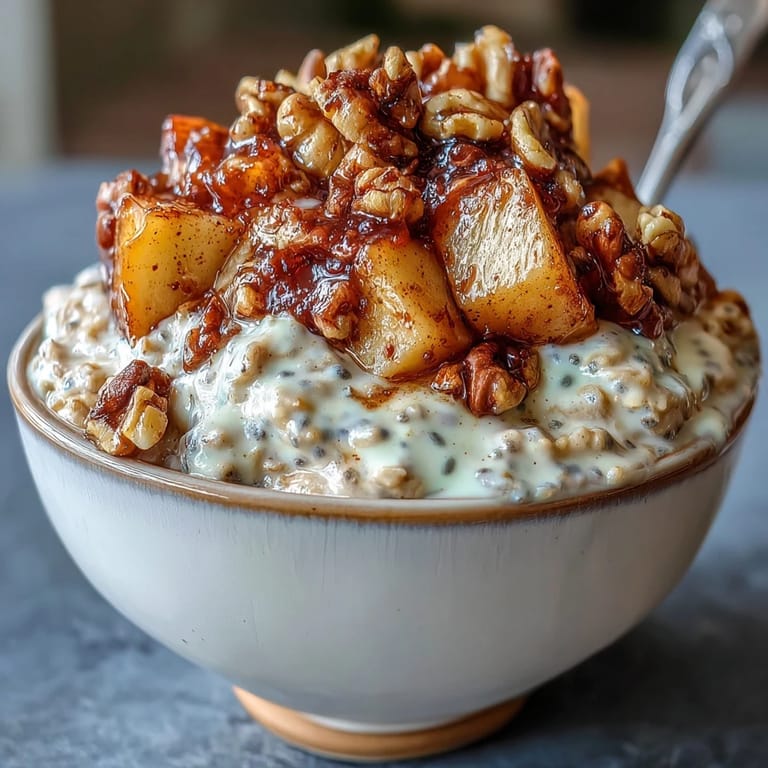 A hearty bowl of cinnamon apple overnight oats topped with golden walnuts, perfect for a nourishing morning meal.