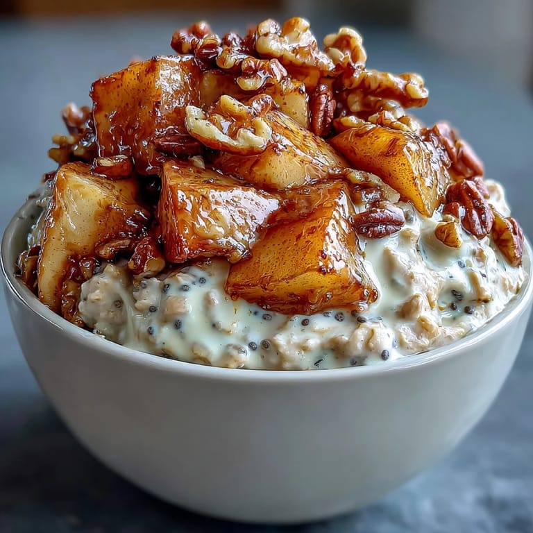Velvety oats swirled with caramelized cinnamon apples and crunchy walnuts, an easy make-ahead breakfast delight.