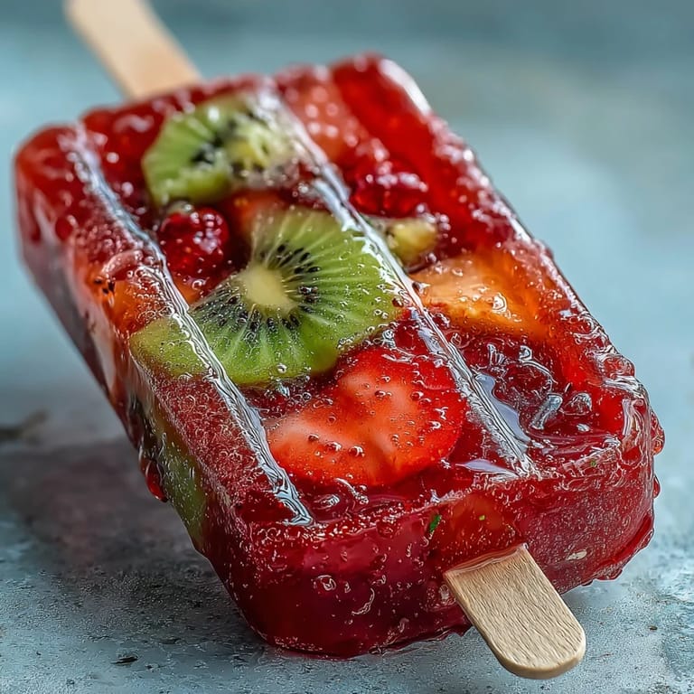 Boozy strawberry daiquiri popsicles featuring rum, lime, and juicy chunks of pineapple and kiwi.