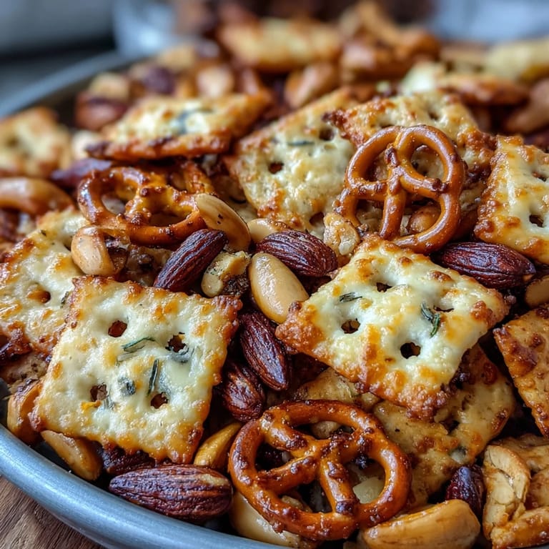 Crispy sourdough Cheez-Its mixed with pretzels and nuts, baked with smoky paprika and buttery seasoning for bold flavor.