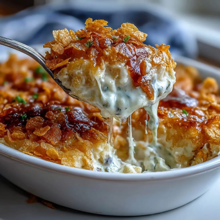 Warm, comforting funeral potatoes baked with creamy sauce and topped with crunchy cornflake-cheddar crust, ideal for holiday meals.  