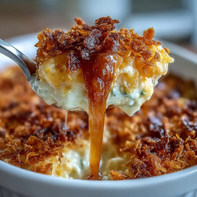 Classic funeral potatoes featuring tender hash browns in rich cheese sauce, finished with a crispy cornflake and cheddar topping.