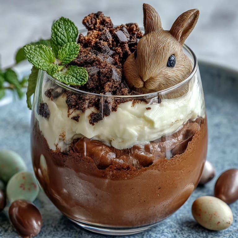 Whimsical Easter Bunny Dirt Cups - chocolate pudding and Oreo crumb layers topped with bunny candies, pastel sprinkles, and mint sprigs for a springtime treat.