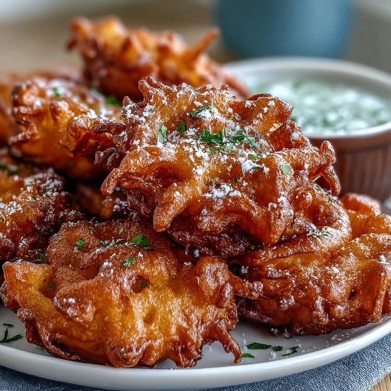 Golden dandelion fritters with fresh herbs, offering a crispy vegetarian snack with a tangy, garden-fresh dipping sauce.