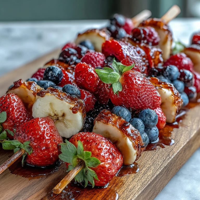Patriotic fruit kabobs featuring sweet strawberries, creamy bananas, and juicy blueberries — perfect for summer gatherings.  