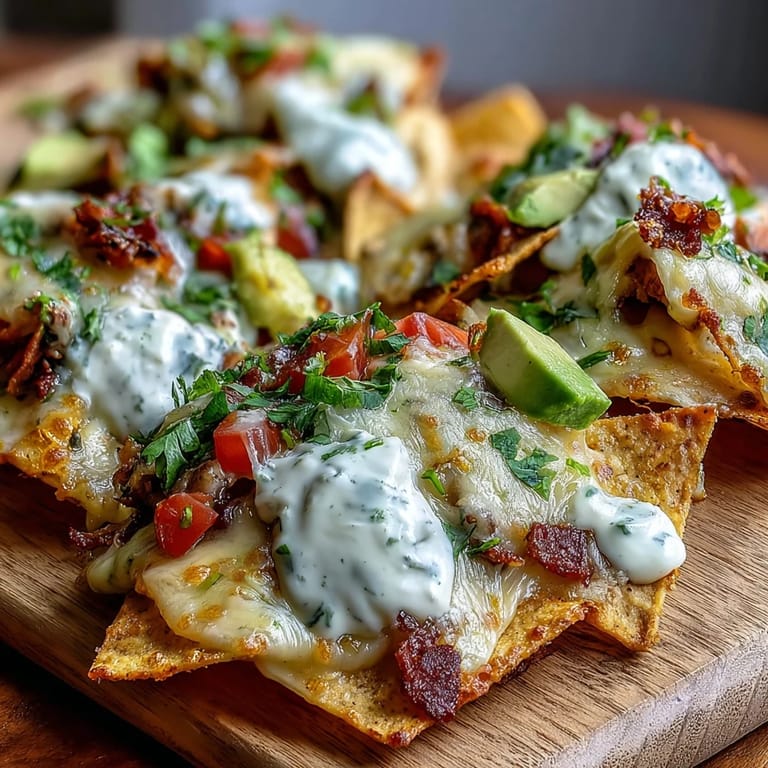 Crispy tortilla chips smothered in rich cheese sauce, garnished with spicy jalapeños, red onion, and cool avocado slices—ready for your next soccer watch party.
