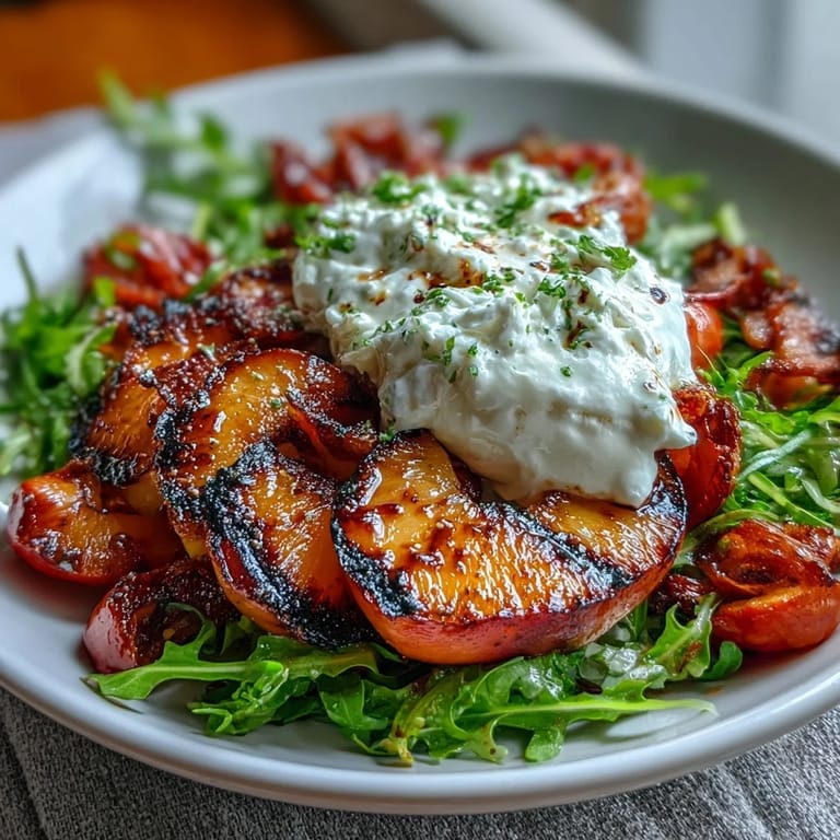 A colorful salad of grilled peaches, burrata, and fresh greens, perfect for warm-weather dining.