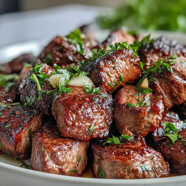 Succulent steak bites cooked with garlic and fresh herbs, served hot and ready for a satisfying summer dinner.