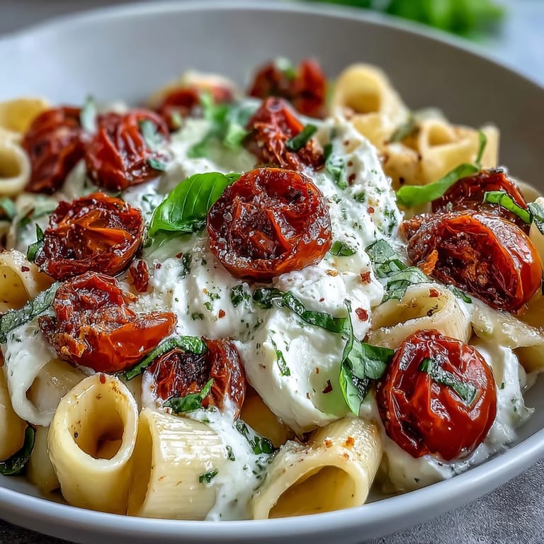 Summer Caprese pasta with bursting cherry tomatoes, creamy burrata, and fresh basil for a refreshing Italian meal.