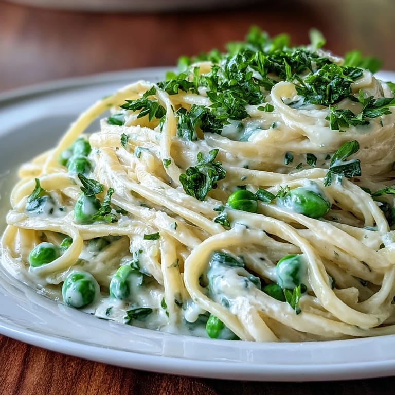 Spring pasta dish featuring al dente linguine tossed with sweet peas, lemon ricotta sauce, and Parmesan for a fresh, vegetarian meal.